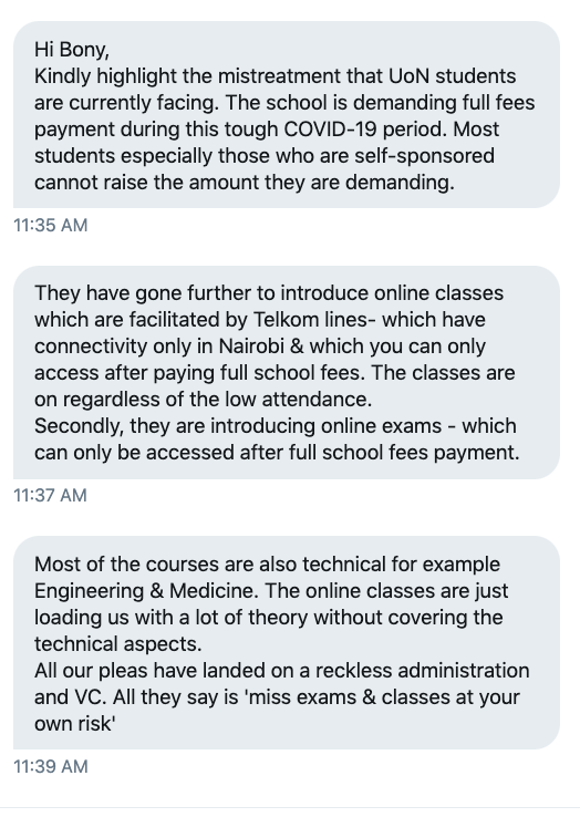 bonifacemwangi's tweet photo. .@uonbi is demanding full fees payment during this tough COVID-19 period. Most students especially those who are self-sponsored cannot raise the amount they are demanding. Online classes which are facilitated by @TelkomKenya lines- which have connectivity only in Nairobi. https://t.co/QuNT7UvXNq