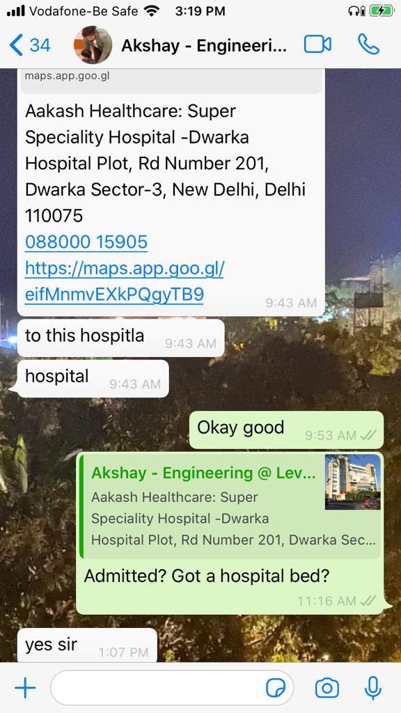 Update 30 - Share examples like this with us. Helps us get the information faster. People are getting admitted and asking if more beds are available and relaying it back to us to share and verify and update to all of you. Let a citizen’s movement help each other. @Akshay001