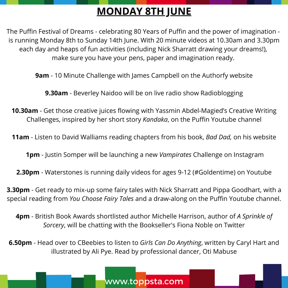 Morning everyone!

It's a BUMPER week of author and illustrator activities:

📚<a href="/PuffinBooks/">PuffinBooks</a> Festival of Big Dreams is running Mon-Sun
📚<a href="/EmpathyLabUK/">EmpathyLabUK</a> #EmpathyDay on Tues 9th 
📚And the fabulous Barnes <a href="/kidslitfest/">BarnesKidsLitFest</a> is running Tues-Sun

Our daily list here:

bit.ly/FreeKidsBookRe…