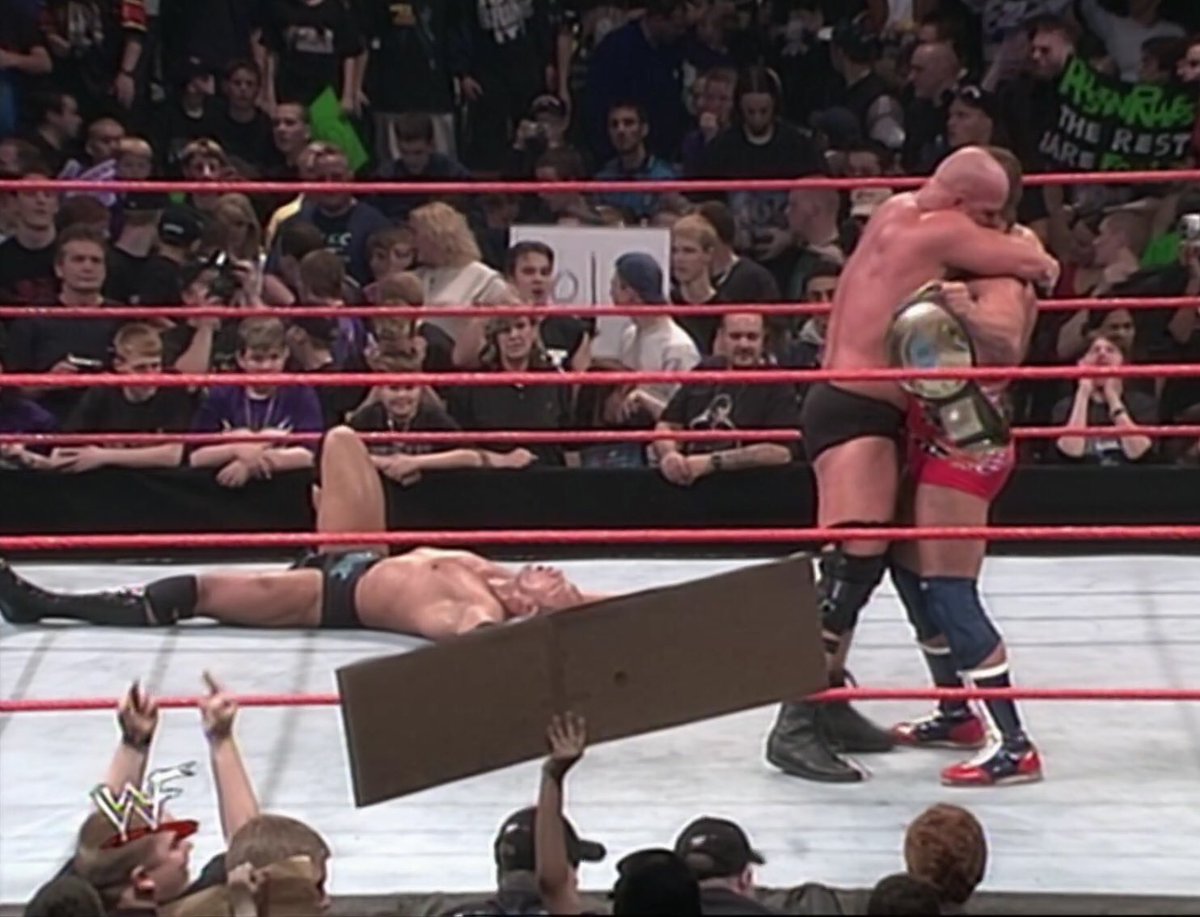 November 3 2001 - At Rebellion in the UK, Kurt Angle would hit the Rock with the WWF title belt allowing Stone Cold to hit a stunner and win his 7th WWF Championship. #WWE  #AlternateHistory