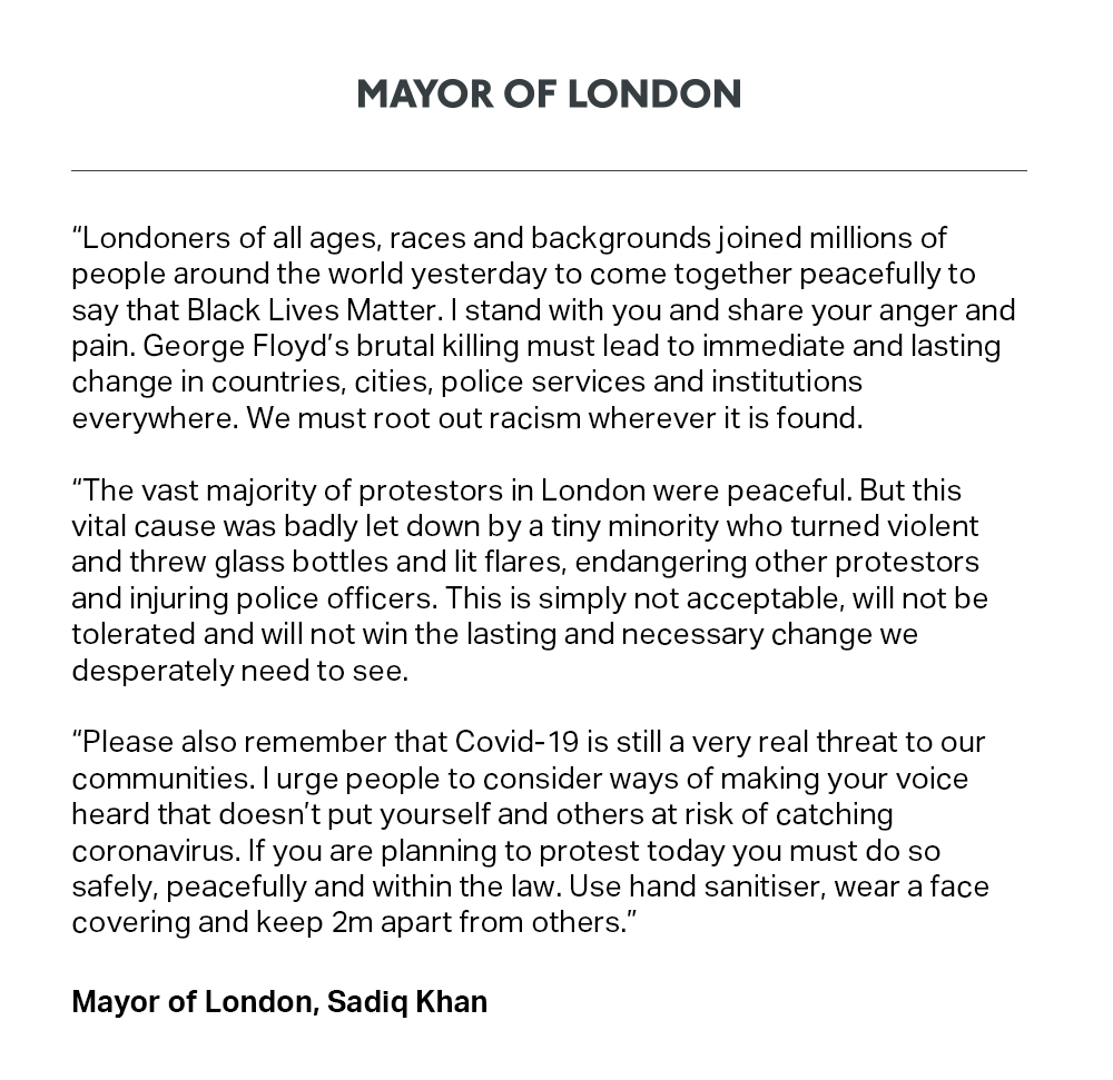 #BlackLivesMatter and the vast majority of protestors in London were peaceful. But this vital cause was badly let down by a tiny minority. Protest must be peaceful and safe. 

My full statement:
london.gov.uk/updates/news-f…