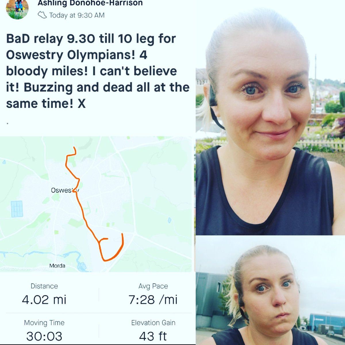 ashlingdh's tweet photo. Today I took part in the #badrelay for Oswestry Olympians! I had half hour to run as far as I could! I made 4 miles π¬!Good to have a challenge while races are off.Thanks to Bilth and District running club for organising and to our team captains! Go team OO! #oswestryolympians https://t.co/OzvInsyauT