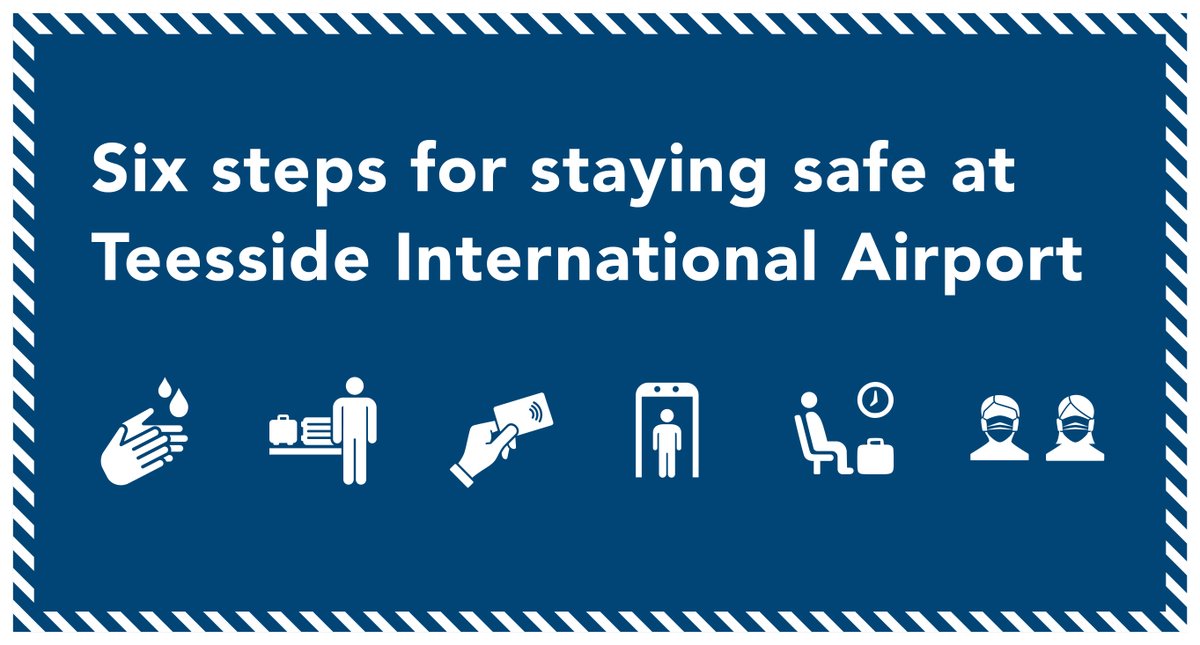 TeesAirport's tweet photo. The health, wellbeing and safety of passengers and staff is a priority as the airport reopens and flights restart. We have six simple steps to staying safe when flying through the airport https://t.co/AwwL3mc5Xm https://t.co/cDklxqwezN