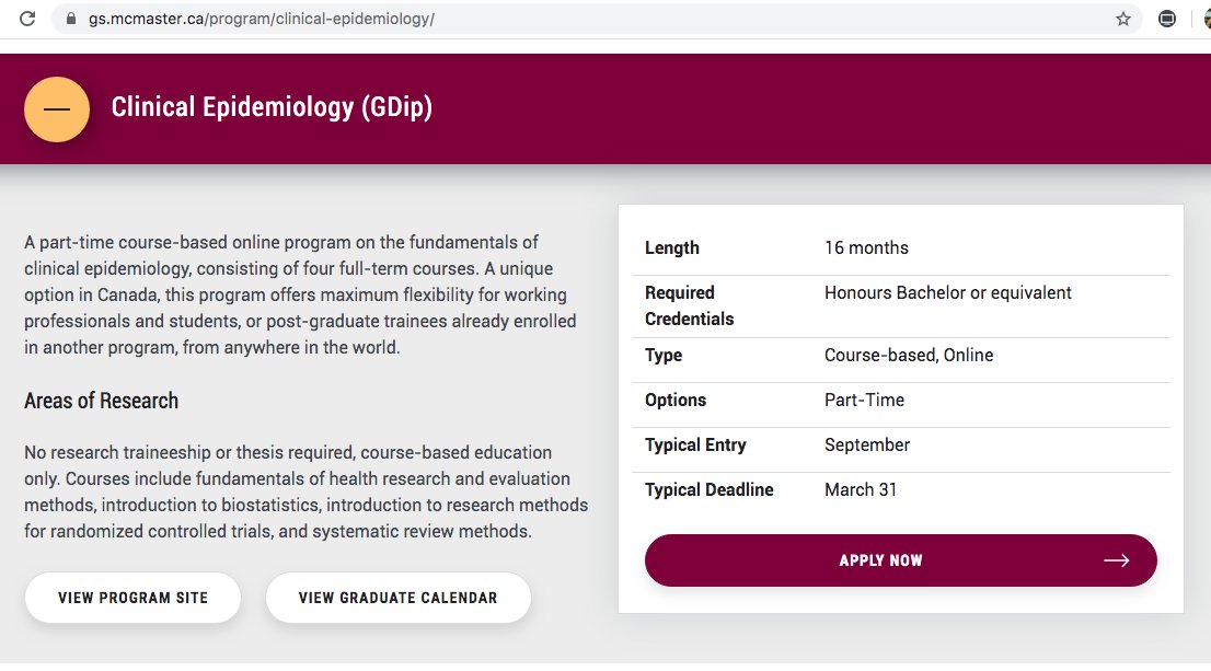 pepokiss's tweet photo. Si uno va a la página de la Universidad McMaster y buscan Clinical Epidemiology, el primer link (https://t.co/OndgzOt6lG ) nos muestra una sola opción de grado: GDip, diminutivo de Graduate Diploma. 
En español, un Diplomado. Un simple diplomado. Part-time. Online. Por internet. https://t.co/beiOjdXfHp
