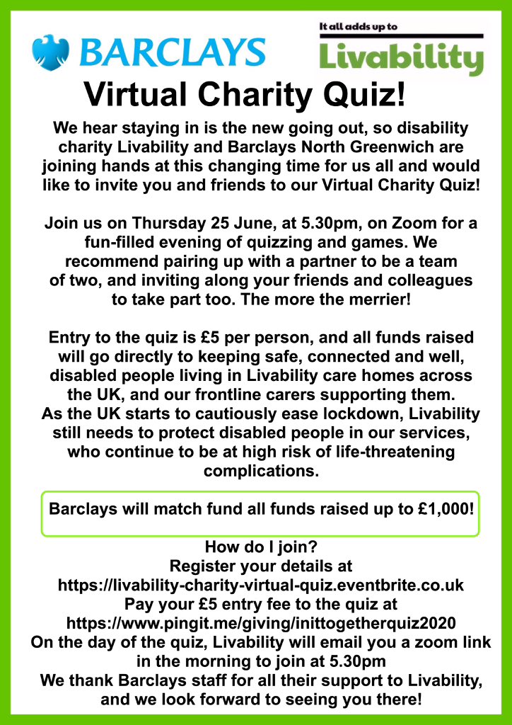 SHoltonLee's tweet photo. Date for your diary! Join in, have some fun and raise some funds for Livability! Thankyou! @sdaison69 @LivabilityUK @dorset_eye @Barclays #quiz #quiznight #raisingfunds #charity #livability #barclays https://t.co/WrU2UsyIZZ