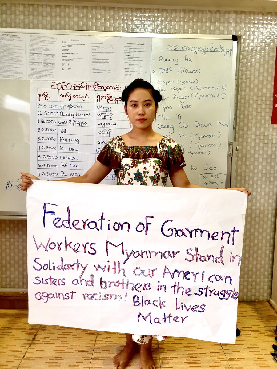 AndrewTSaks's tweet photo. Myanmar garment workers and union leaders stand with black workers in the USA!

THIS is how we will vanquish racism! THIS is what the labor movement should look like!

#BLM #BlackLivesMattters #1u #SolidarityForever https://t.co/ST5B6f0ql3