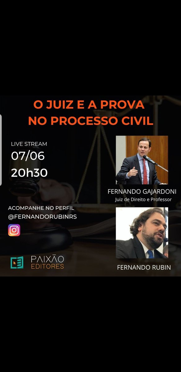 fernandorubinrs's tweet image. Hj @FGajardoni comigo #live ! #ProcessoCivil #Doutrina O JUIZ E A PROVA #Processo #Provas