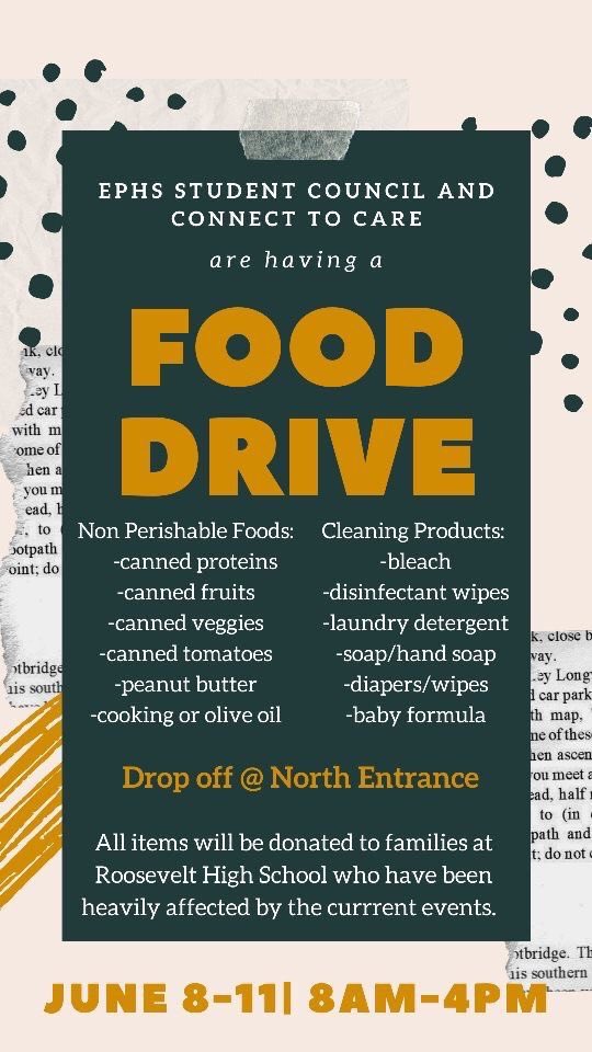 Join us this week to help give back to the community! 🤗 All items will be directly donated to Roosevelt High School in South Minneapolis. Containers will be at the North doors this Monday-Thursday and we’re looking for non perishable food items &amp; supplies. Do your part!