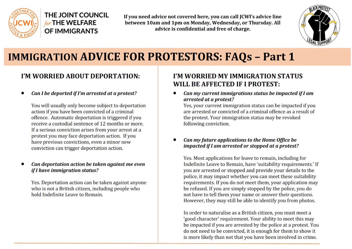 JCWI_UK's tweet image. We know that there will be many migrants who want to take part in the ongoing protests. 

We’ve complied some guidance alongside @blkprotestlegal so that you know your rights.

Don’t forget we have a free helpline for immigration advice too. 

Please share widely ⬇️⬇️⬇️