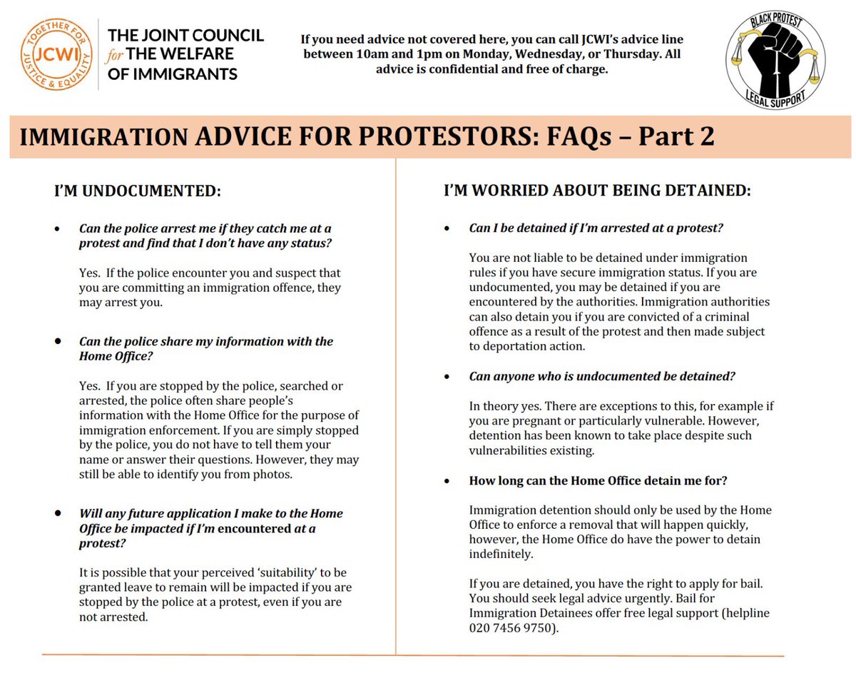 JCWI_UK's tweet image. We know that there will be many migrants who want to take part in the ongoing protests. 

We’ve complied some guidance alongside @blkprotestlegal so that you know your rights.

Don’t forget we have a free helpline for immigration advice too. 

Please share widely ⬇️⬇️⬇️