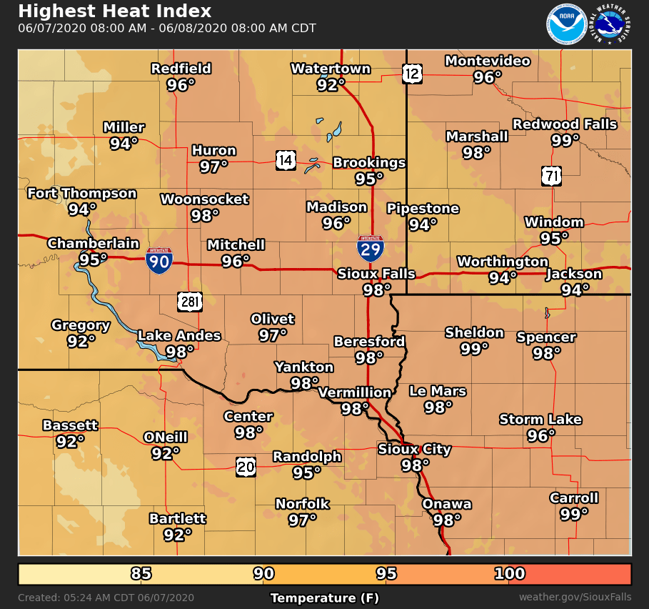 NWSSiouxFalls's tweet photo. It's going to be a hot one today! Highs will be in the low to mid 90s. Heat index values will be 95-100°. Here's a look at the maximum heat index values this afternoon. Take precautions and stay hydrated if you are working outdoors today. https://t.co/I7JTln2Ech