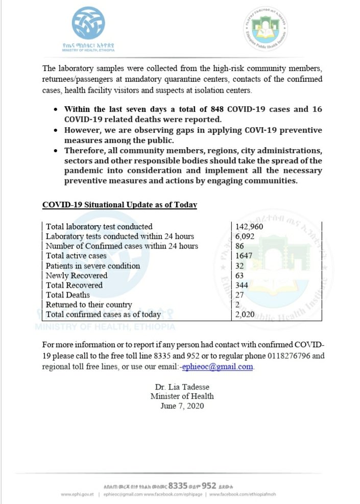 lia_tadesse's tweet image. Report #89

የኢትዮጵያ የኮሮና ቫይረስ ሁኔታ መግለጫ

Status update on #COVID19Ethiopia