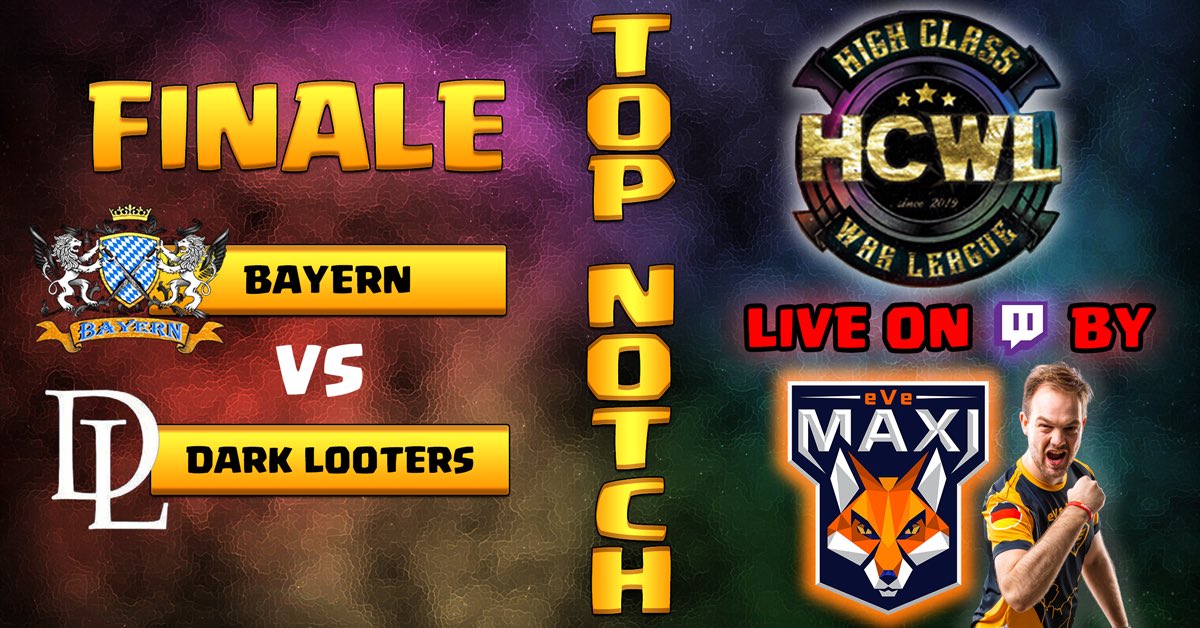 🤯🔥 SUPER SUNDAY 🔥🤯

⏰4:15pm CEST @EWUTournament Semi Final: 💥

⚔️ <a href="/ATNattax_coc/">Angel</a> vs. @intz_coc ⚔️

⏰7:45pm CEST <a href="/highclasswar/">High Class War League</a> FINAL: 💥

⚔️ Dark Looters (with <a href="/TribeGamingCoC/">Tribe Gaming CoC</a> members!) vs. Bayern ⚔️

As always on twitch.tv/eve_maxi! 🥳🥰🦊