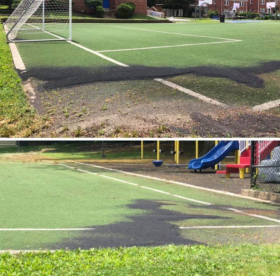 Aualum9496's tweet photo. Safe?  Playable?  What will it cost to fix this field?  Who will pay for it?  We are creatures of habit as shown by the ingress and egress used driving on and off the field.  #notmaintenancefree #stilltakeswork #safeandplayable https://t.co/oDrxMDcKIy
