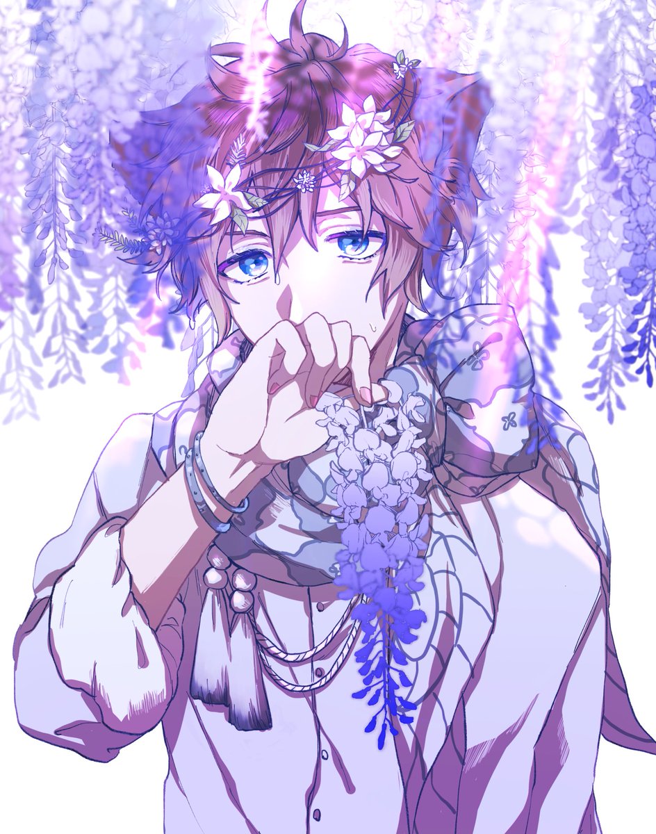 wisteria 1boy male focus blue eyes scarf flower solo  illustration images