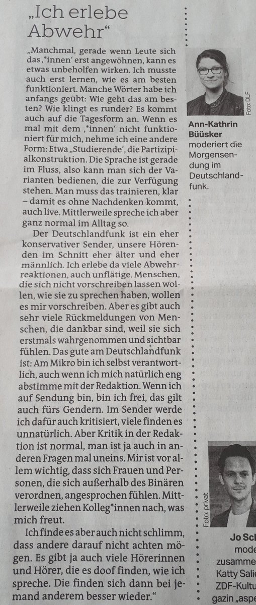 Ich schätze das Programm des @DLF sehr. Noch besser wäre es, wenn sich alle Kolleg*innen Frau Büüskers (@uedio) inklusiver Art des Sprechens anschließen würden. 👏🙂👍
#InklusiveSprache
#Gendern