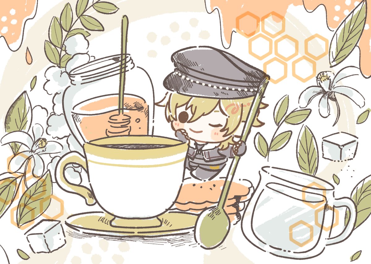 1boy male focus sugar cube cup one eye closed flower hat  illustration images