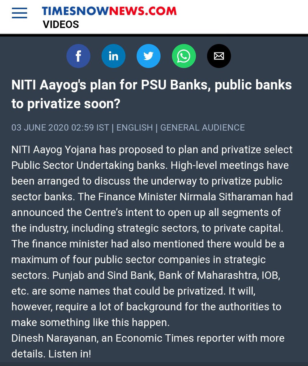 Public Banks done all #SocialBanking & Govt Schemes in last 6 yrs. 👉PMGKY 👉JanDhan 👉MUDRA 👉DBT 👉Aadhaar 👉Pension 👉FBY 👉APY 👉KCC 👉PMJJY 👉PMSBY But in Media Reports @NITIAayog is initiated for Privatization of Public Banks. #ModiBetrayedIndia #StopPrivatization