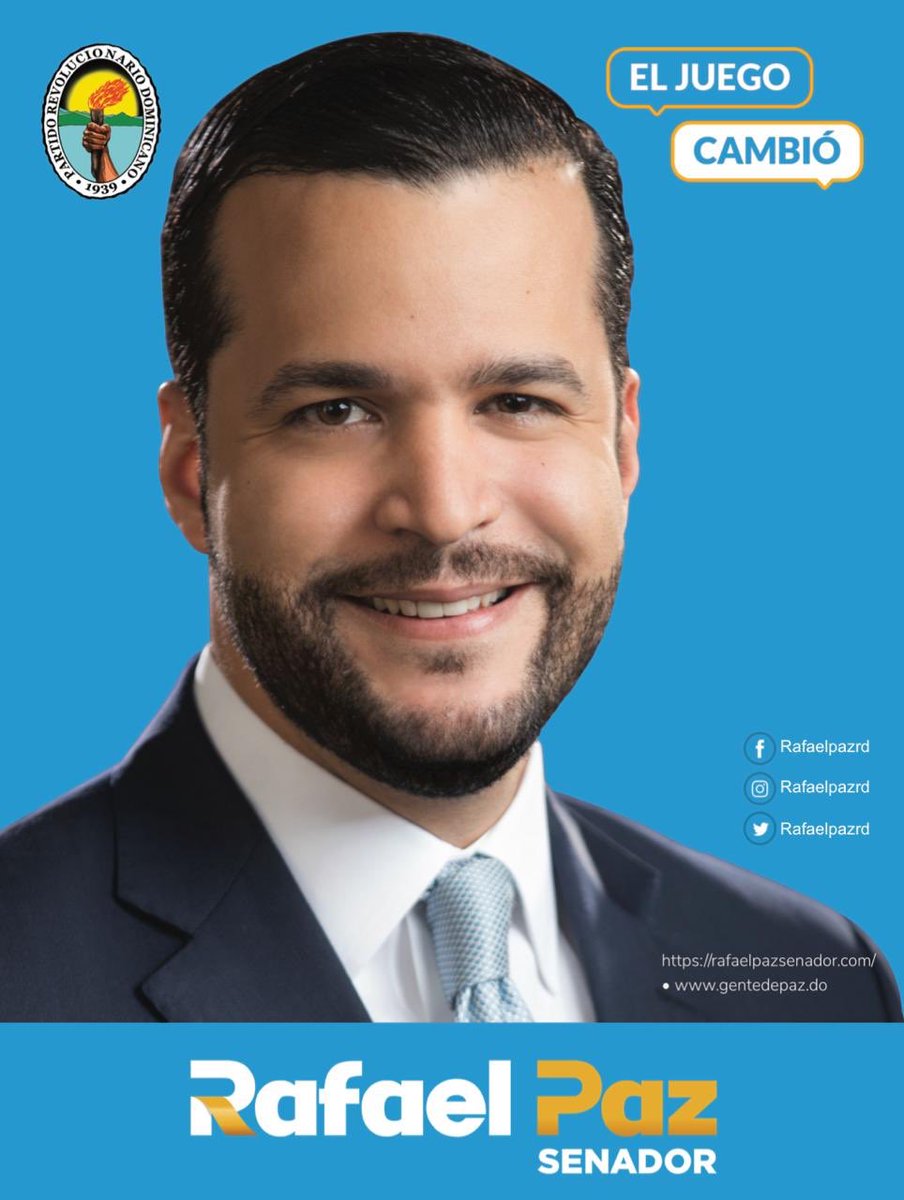 .<a href="/rafaelpazRD/">Rafa Paz</a> candidato a Senador por el Distriro Nacional que presenta <a href="/miprd/">Partido Revolucionario Dominicano</a>.

#ElJuegoCambió
#PRDesJuventud
#PRDfuerzaDecisiva