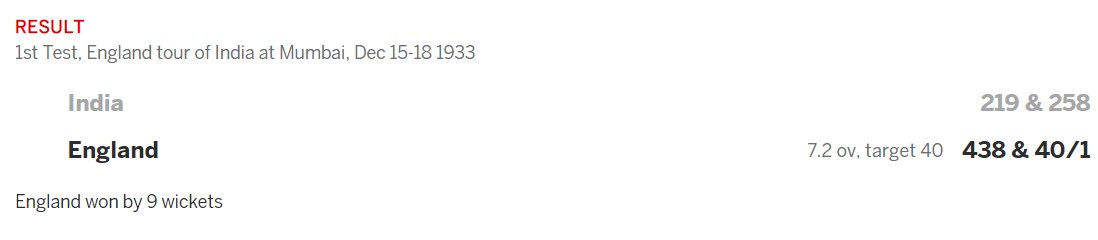 2) 1933: First ever test in india. England. Gymkhana ground, Mumbai.Another test, another defeat. Nissar picked up another 5wkt haul. Lala Amarnath scored the first ever test hundred for India.W:0,L:2