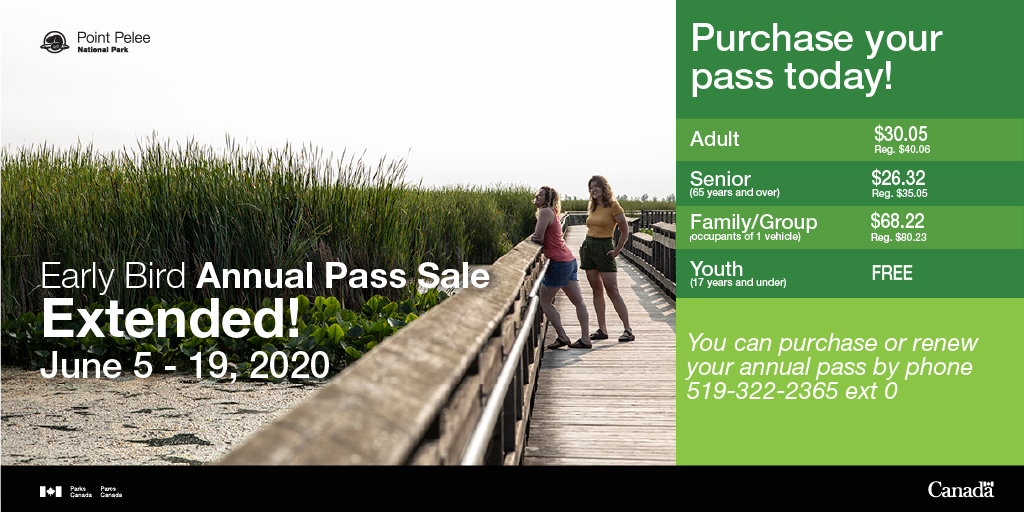 PointPeleeNP's tweet photo. Point Peleeโs annual pass sale continues! Call us at 519-322-2365 ext. 0, Monday to Friday from 9 am to 4 pm. If you donโt reach us, please leave us a message with how to reach you. #passtimes https://t.co/wrOdQtB3hS