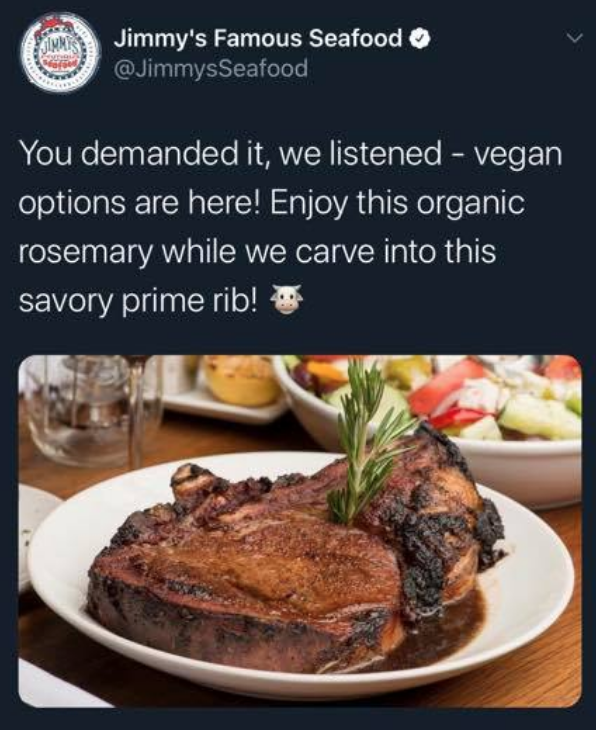 MensHumor's tweet photo. When it comes to vegans, Jimmy's has no chill. https://t.co/5m50XQWvYp