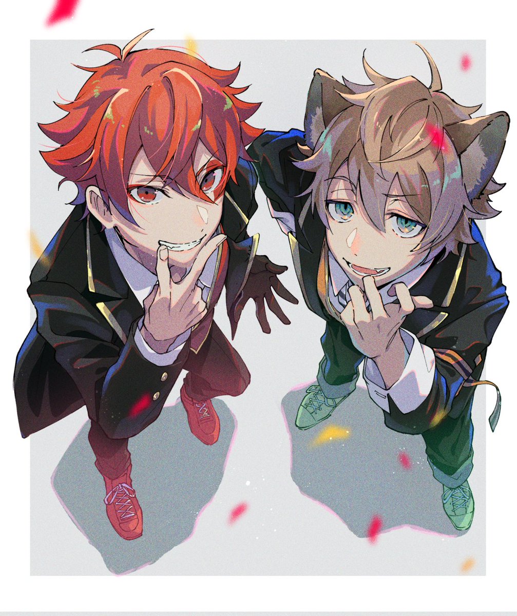 multiple boys 2boys male focus red eyes red hair animal ears smile  illustration images