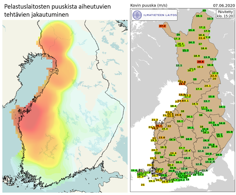 meteorologit's tweet image. Tuulen puuskat ovat pitäneet pelastuslaitokset tänään kiireisinä etenkin Pohjanmaalla, kun vahingontorjuntatehtäviä on kertynyt jo noin 300. Nyt puuskat alkavat vähitellen laantua, mutta vielä muutaman tunnin ajan syntyy myös uusia vahinkoja etenkin E-Lapissa. #myrsky