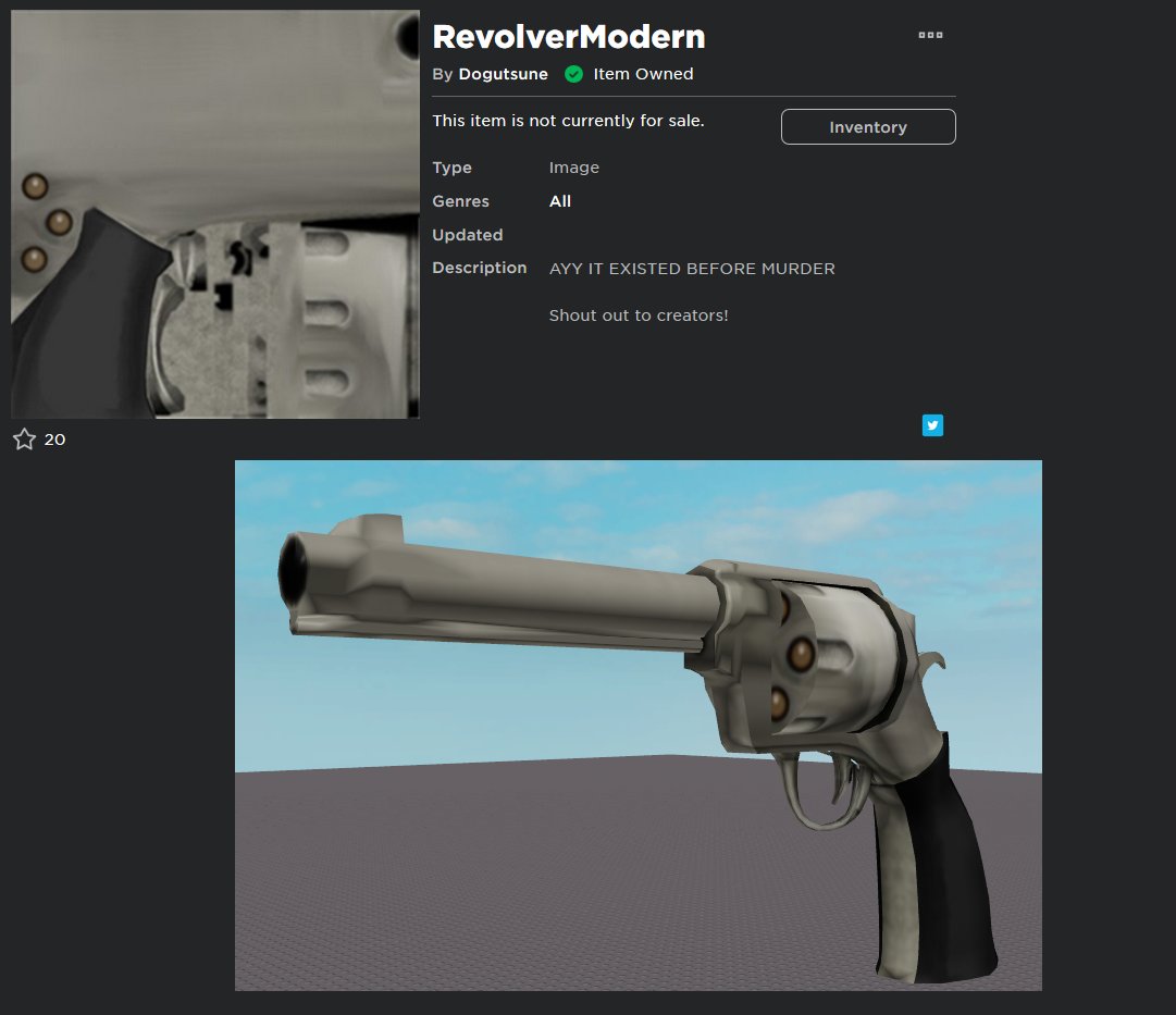 Dogutsune Break On Twitter Roblox Thread Your Impact On The Platform That Most People Don T Really Know I Made The Famous Revolver Texture Used In Many Whodunnit Games Https T Co Prw5sq8zyz - roblox revolver texture