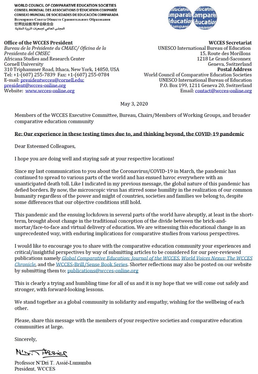 Message of WCCES President Professor N’Dri T. Assié-Lumumba to the members of WCCES Executive Committee, Bureau, Chairs/Members of Working Groups, and broader comparative education community about COVID-19 pandemic experience