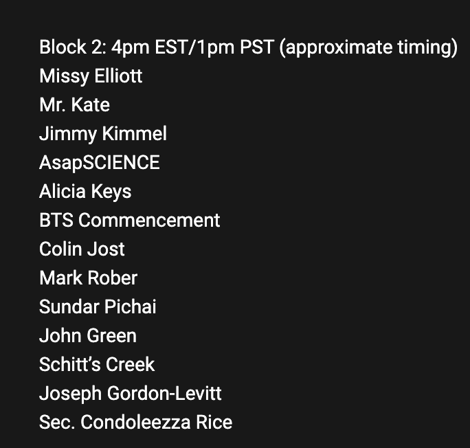 charts_k's tweet photo. Dear Class of 2020

@BTS_twt is scheduled to appear in:

-Block 2 (Commencement): 5AM KST/4pm EST
-Block 5 (Performance): 8AM KST/7pm EST

*approximate timing https://t.co/GFrrfD4Qfd