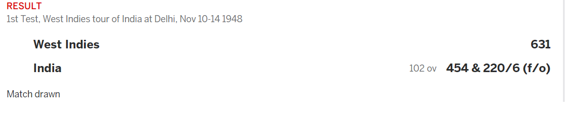 7)1948: First test vs WI. Drawn1st test: High scoring draw saw 4 100s from WI,1 from India(Hemu Adhikari).3rd test: Strongest performance yet. Chasing 431,ind were placed at 325/3. Another session and india might have pulled of a win.W:0,L:10