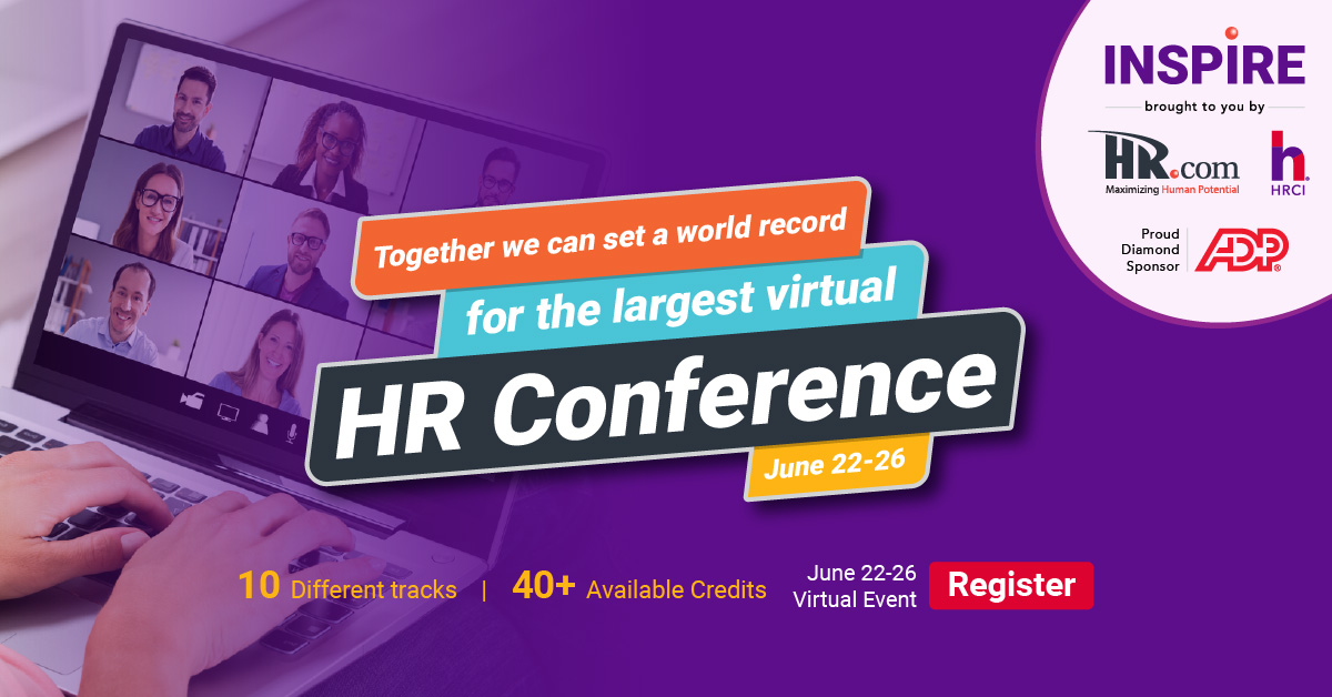 Together we can set a world record for the largest virtual HR conference! Over 40 re-certification credits will be available. Learn more: web.hr.com/sg6pa 
#InspireHR #Virtual #HRVirtualEvent #HRCICredits  #SHRMCredits #HR