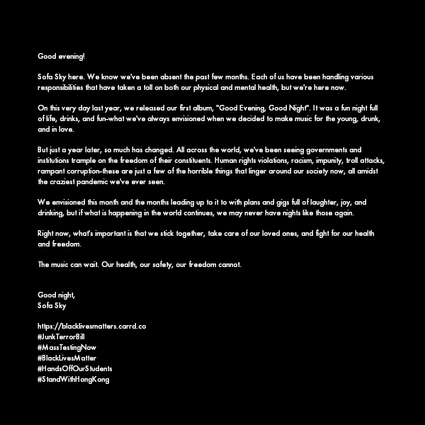 sofaskymusic's tweet photo. #JunkTerrorBill
#MassTestingNow 
#BlackLivesMatter 
#HandsOffOurStudents 
#StandWithHongKong 
https://t.co/c390VyEYxW https://t.co/qySdBBPxLA