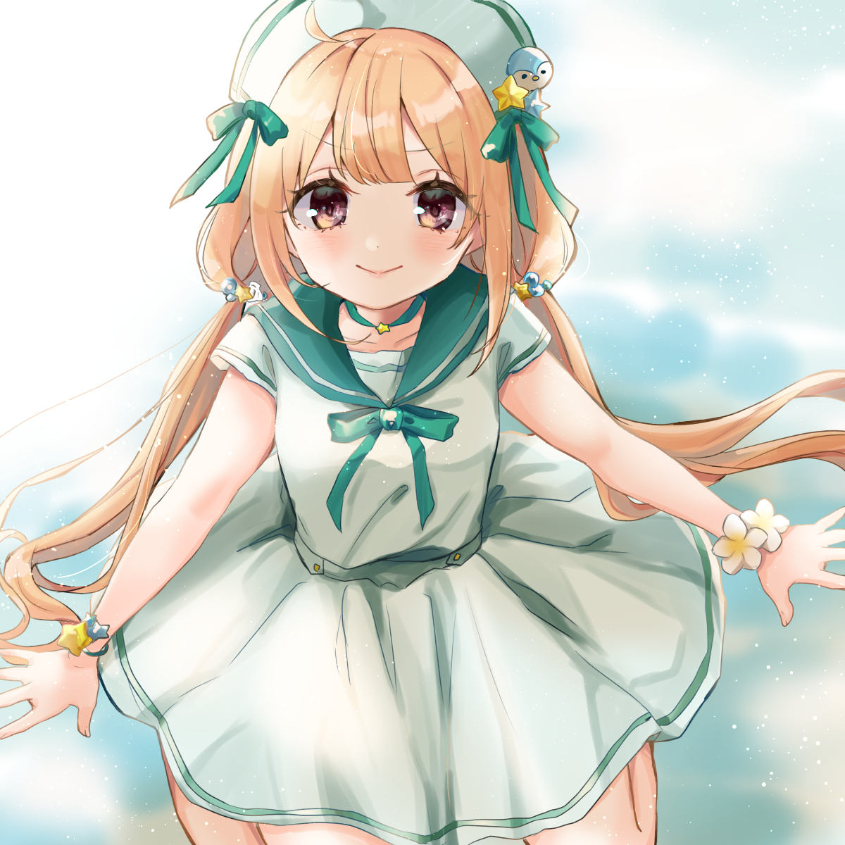 futaba anzu 1girl solo twintails dress long hair hat looking at viewer  illustration images