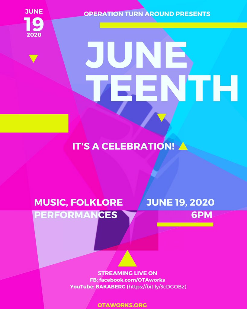 BeLikeOTA's tweet photo. What’s Next? Join us for a night of artistry, music and storytelling. Channel the movement and celebrate us. #Juneteenth #Diaspora #Streaming #BlackLivesMatter #BlackCommunity #Unity #OperationTurnAround 
 
#Operation_Turn_Around on IG
#otaWORKS on FB
https://t.co/9MSRyTjkyS https://t.co/12ODWctVQp