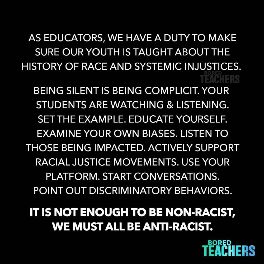 It is our duty to teach youth about racial and systemic injustices. There are a lot of books, videos, articles, podcasts available. It is not okay to be silent anymore.