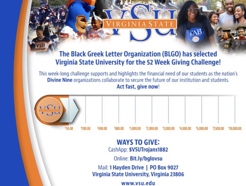 VSU_1882's tweet image. VSU has been selected to participate in this week’s Greek Letter Organization (BGLO) Giving Challenge! This week-long challenge supports the financial need of our students as the nation’s Divine Nine organizations come together to stand behind our scholars. #HailState #HBCUnity