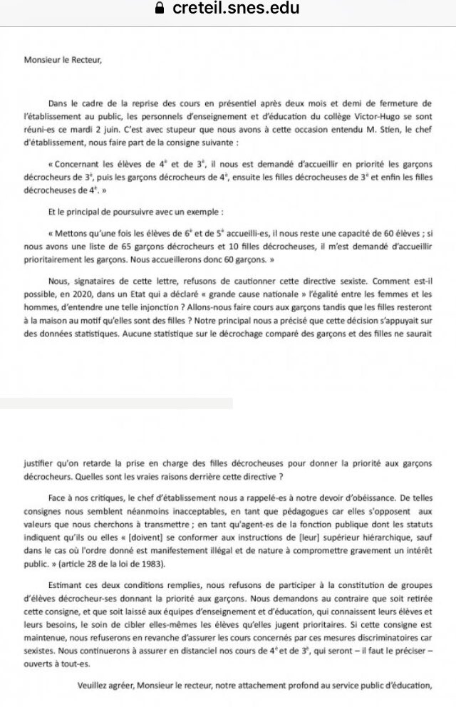 PepiteSexiste's tweet photo. Le communiqué du @SnesFsuCreteil qui refuse de cautionner une consigne à caractère sexiste, et la réponse de @AcCreteil... ??? https://t.co/rTCLOPBPH8