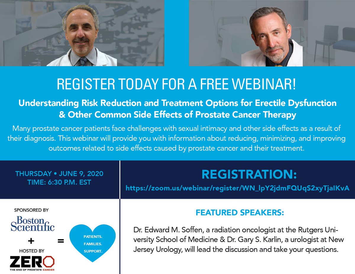 Some treatments for #prostatecancer can affect a man's sex life. June 9 we'll host a FREE #webinar featuring insight from physicians who will provide info to reduce negative side effects &amp; improve outcomes. bit.ly/2X69aPb @Bostonsci #ed #endprostatecancer #ed @NJUrology
