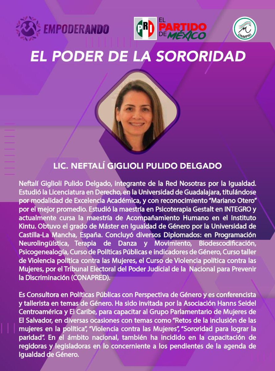 OnmpriNacional's tweet photo. El @OnmpriNacional, te invita al curso 𝑬𝒍 𝒑𝒐𝒅𝒆𝒓 𝒅𝒆 𝒍𝒂 𝒔𝒐𝒓𝒐𝒓𝒊𝒅𝒂𝒅 con la Lic. Neftalí Giglioli Pulido Delgado.

Conoce qué es la sororidad y el impacto de ésta.

🗓 Tres sesiones: 11, 12 y 13 de junio 

Regístrate en: https://t.co/Hv1Wb1nAh2

#JuntasPorMéxico https://t.co/gKRVxbtmP7
