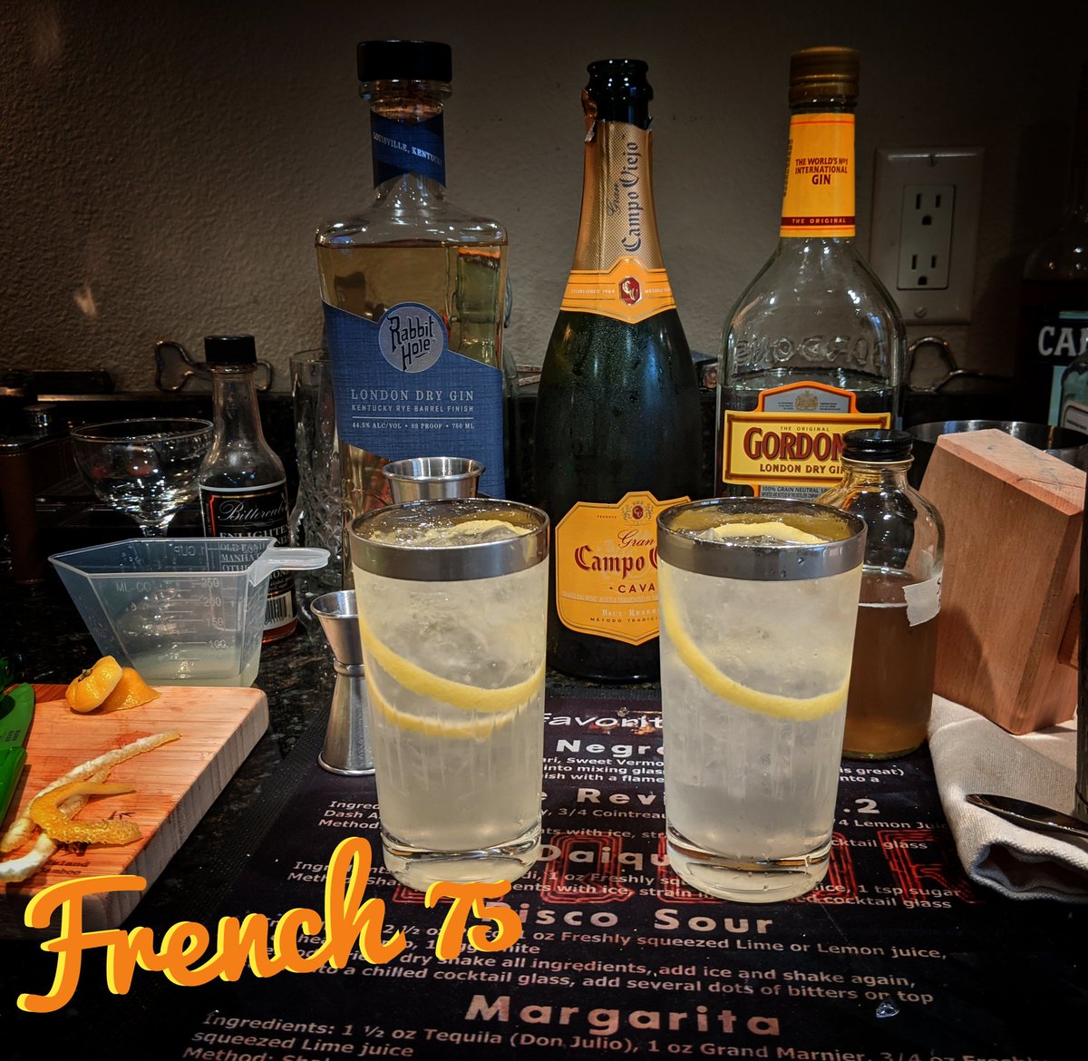 Alamagoozlum's tweet photo. This mornings #French75
bracers are with Gin and Cava. 1.5 oz of good ol' Gordon's (40%) and one I brought home from Louisville from Rabbithole Distillery (44.5%), and Campo Viejo Cava Brut Reserva. Also .5 oz each of lemon & simple.
#MonsterInAGlass #BLP #ShowUsYourCocktail https://t.co/fNJyCtB6bf