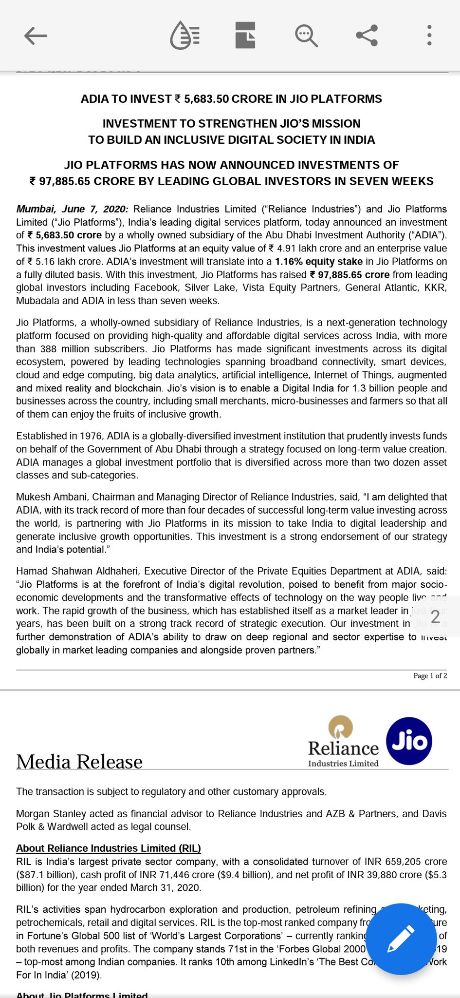 Sanjay Vijayakumar on Twitter: "Abu Dhabi Investment Authority to invest ₹  5,683.50 crore in Jio https://t.co/YfY2RWojk9" / Twitter
