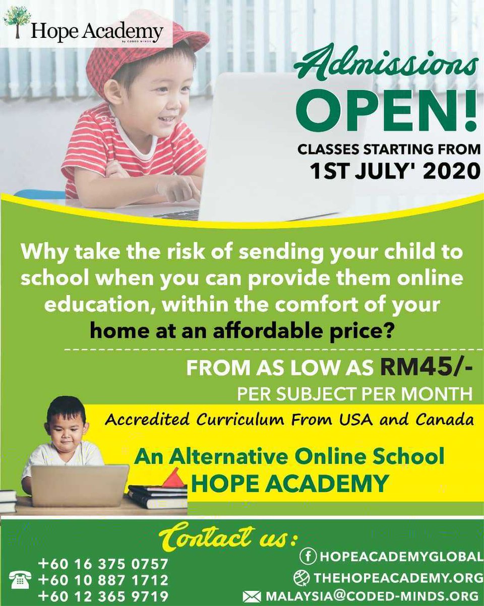 MindsCoded's tweet photo. ADMISSIONS OPEN!
Create the best future for your child through our world-class online education system from the comfort of your home. Fees as low as RM45/- per subject per month. Classes will commence on 1st July 2020.
#firstonlineschool #qualityeducation #hopeacademy #codedminds https://t.co/AZNfOdawNs
