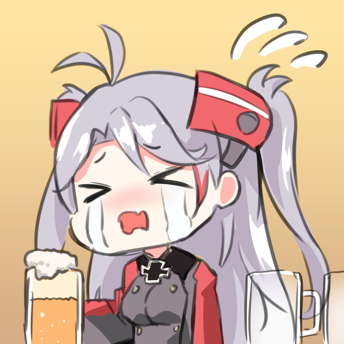 prinz eugen (azur lane) 1girl beer mug cup solo > < alcohol crying  illustration images