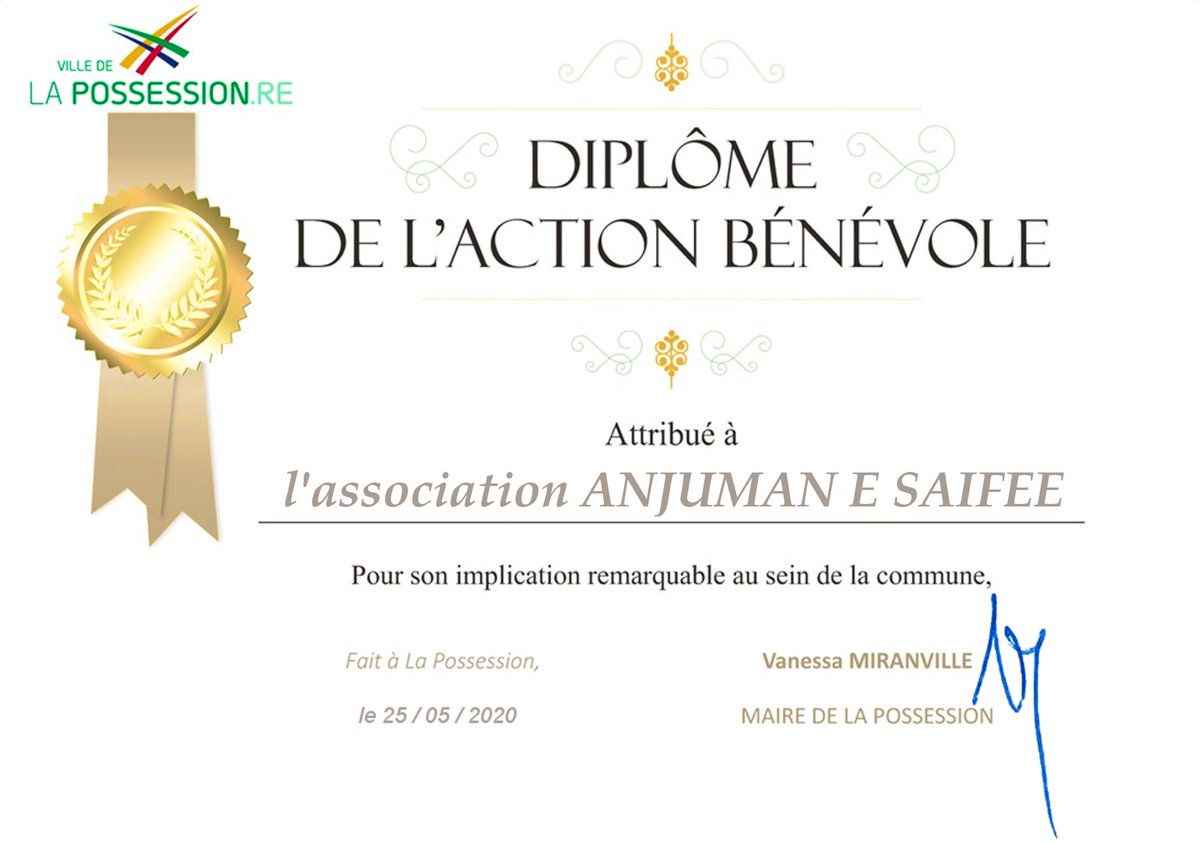 The city of Posession, #Reunion, also awarded the local Dawoodi Bohra community a diploma in recognition to their contribution in serving the less fortunate during the pandemic.