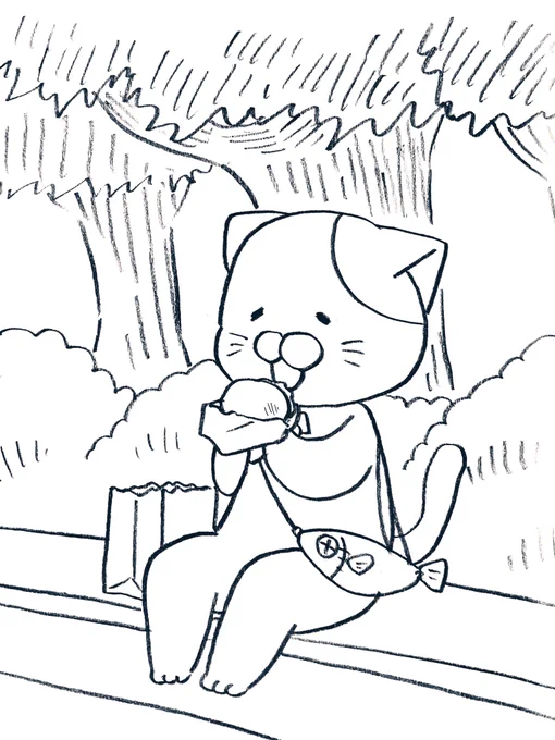 木陰で昼食ネコ 