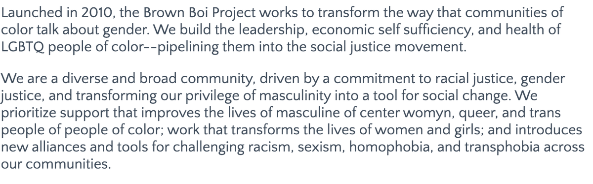 6. Today, Brown Boi Project ( @brownboiproject). They work towards questioning masculinity and helping  #LGBTQ people of color become leaders. They offer two retreats a year to leaders of color and have done amazing work.