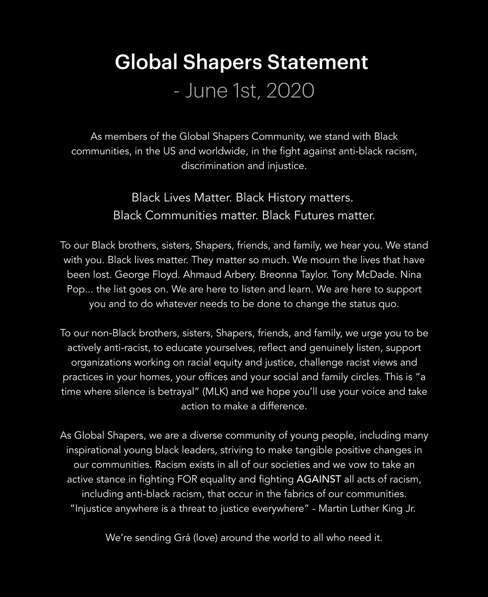 BerlinShapers's tweet photo. Global Shapers Statement - June, 2020. We Stand Together Against Racism: Black Lives Matter.

@GlobalShapers @wef https://t.co/xF2d3COT6e