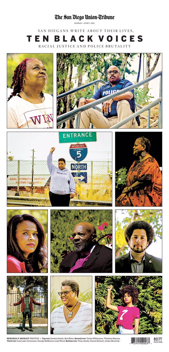 bymatthewthall's tweet image. Sunday’s @sdut cover is an unprecedented display of @sdutideas &amp;amp; Opinion content, smashing the wall between “news” aka the front page and “opinion” aka the editorial and op-ed pages, always placed deep inside the paper. Read these 10 black voices. Amplify them. #BlackLivesMatter